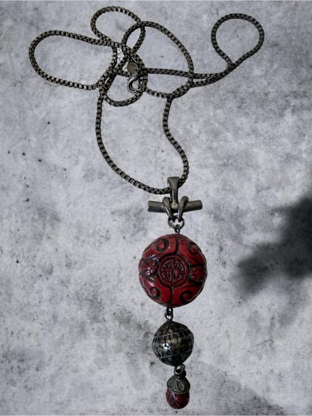 Chico's Asian-Inspired Carved Faux Cinnabar Pendant Necklace